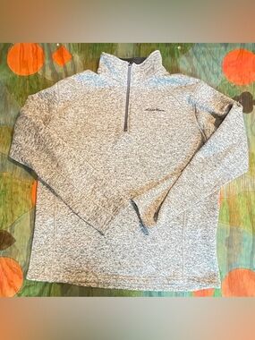 Eddie Bauer Gray Beige Quarter Zip Sweatshirt Pullover Size XL Long Sleeve Logo